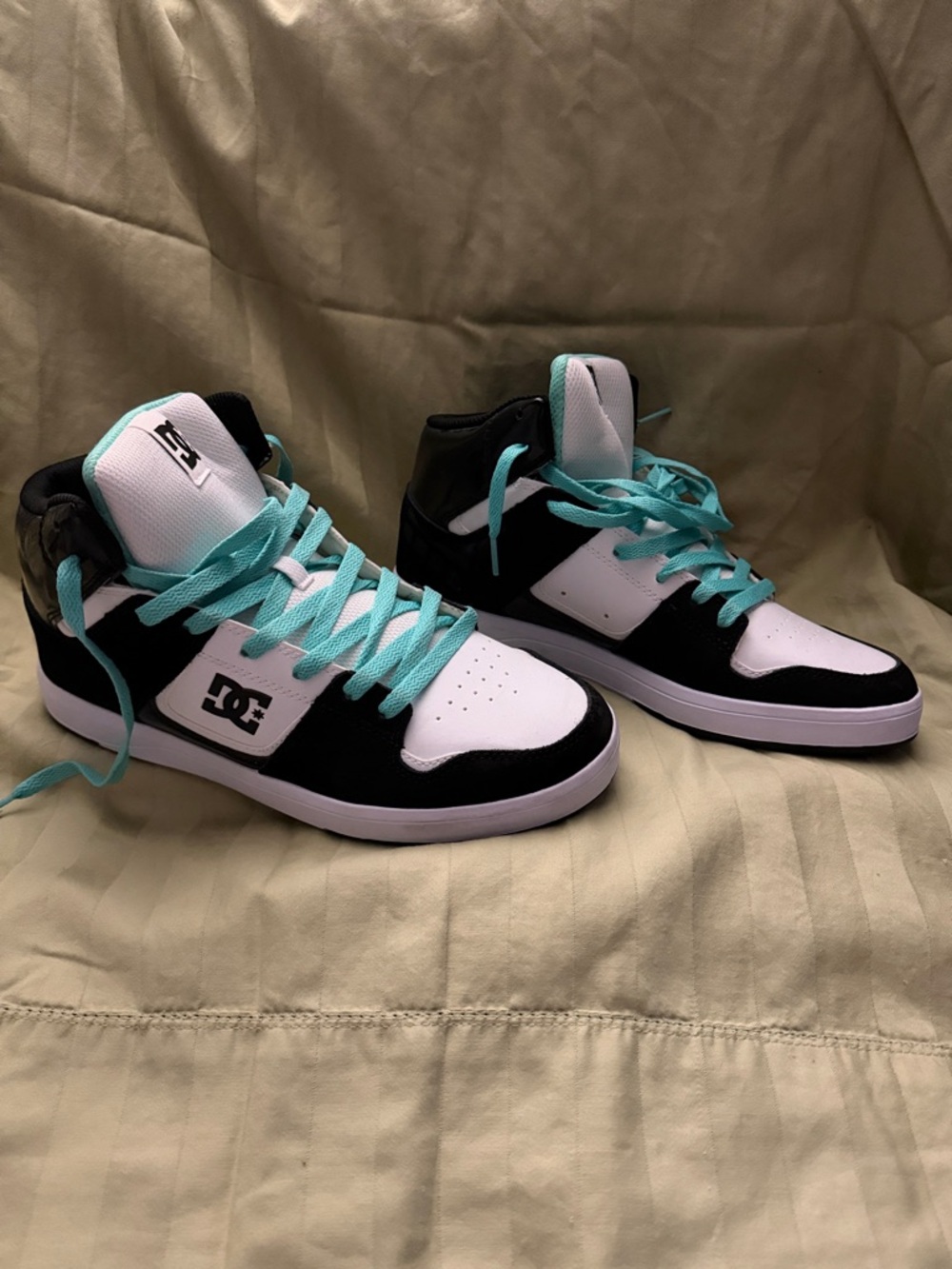 DC Black and White High-Top Sneakers with Teal Laces